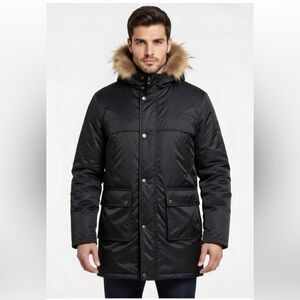 Han Ton Men's Hooded Black Parka With Faux Fur Trim Size S Puffer NWT $129